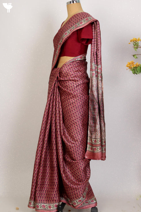 Tussar Silk Saree In Floral Block Print