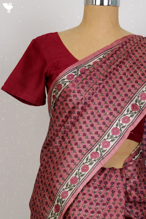 Tussar Silk Saree In Floral Block Print