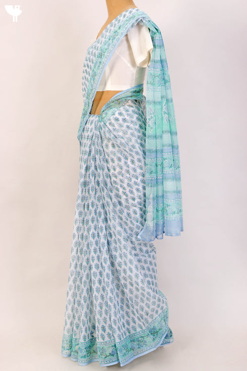 Kota Handloom Cotton Saree In Floral Block Print