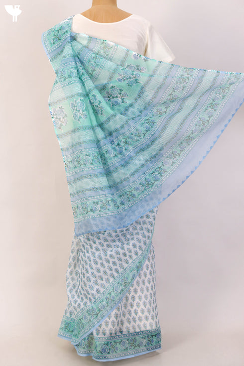 Kota Handloom Cotton Saree In Floral Block Print