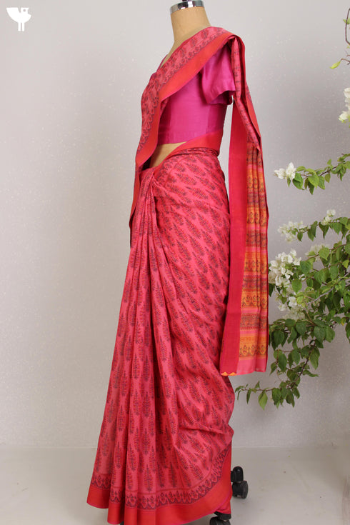 Maheshwari Silk Saree In Floral Block Print