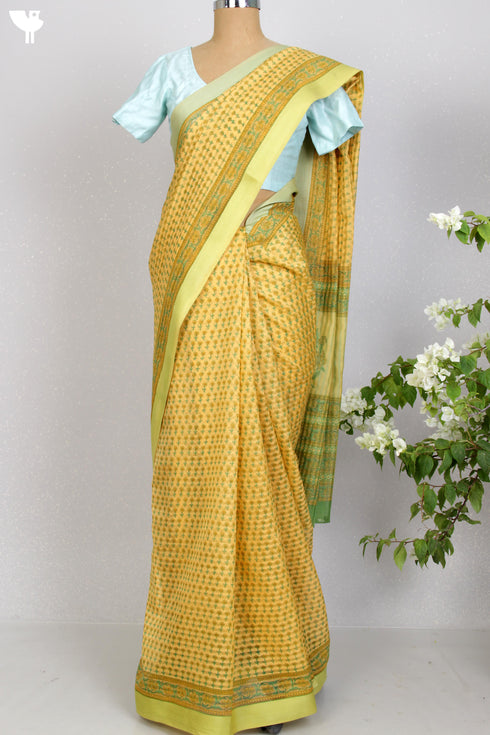 Maheshwari Silk Saree In Floral Block Print