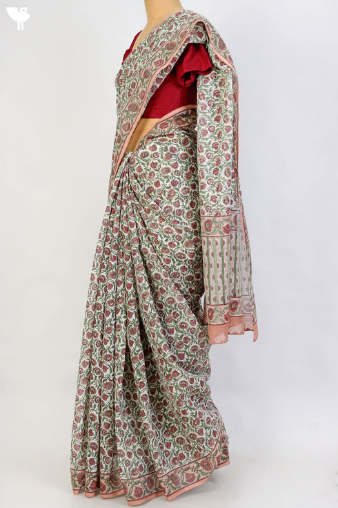 Bengal Cotton Saree In Floral Block Print