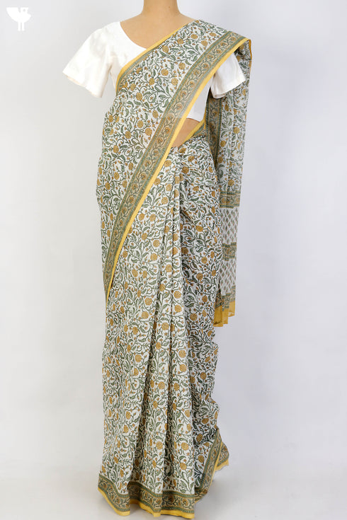 Bengal Cotton Saree In Floral Block Print