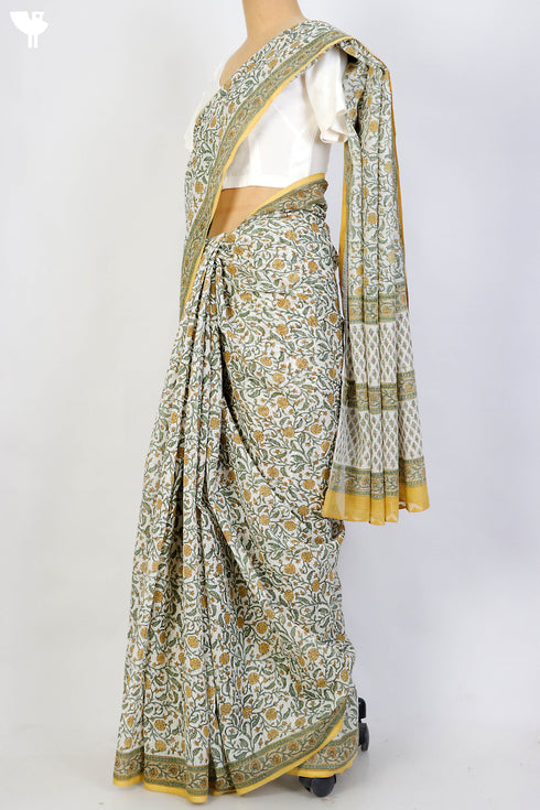 Bengal Cotton Saree In Floral Block Print