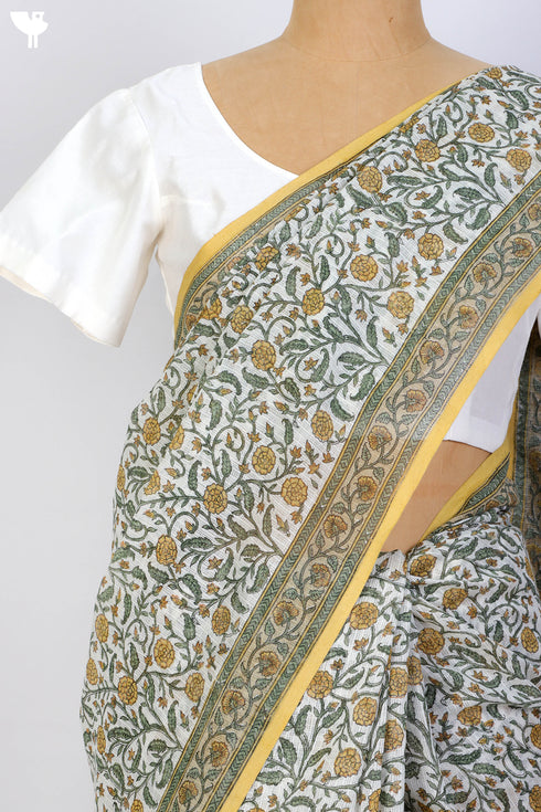 Bengal Cotton Saree In Floral Block Print