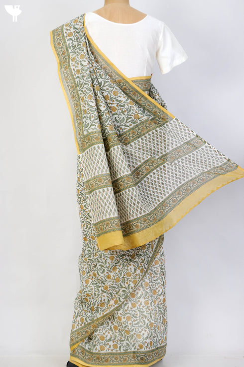Bengal Cotton Saree In Floral Block Print