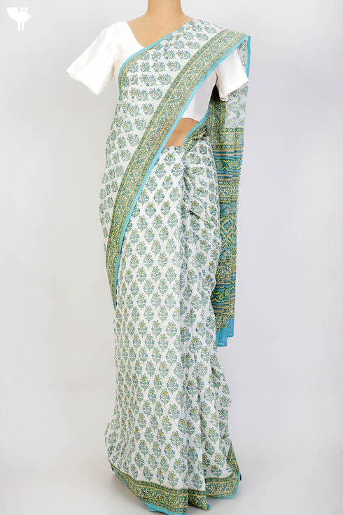 Bengal Cotton Saree In Floral Block Print