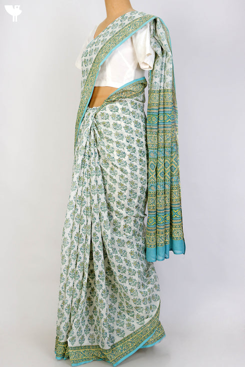 Bengal Cotton Saree In Floral Block Print