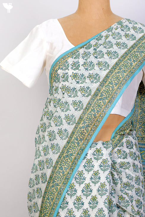 Bengal Cotton Saree In Floral Block Print