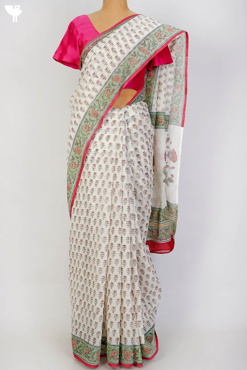 Bengal Cotton Saree In Floral Block Print