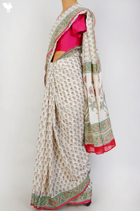 Bengal Cotton Saree In Floral Block Print