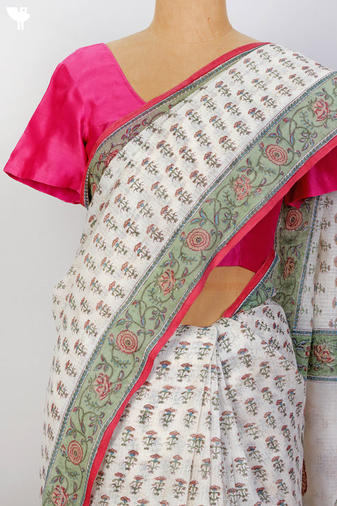 Bengal Cotton Saree In Floral Block Print