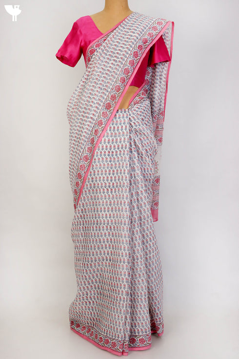 Bengal Cotton Saree In Floral Block Print