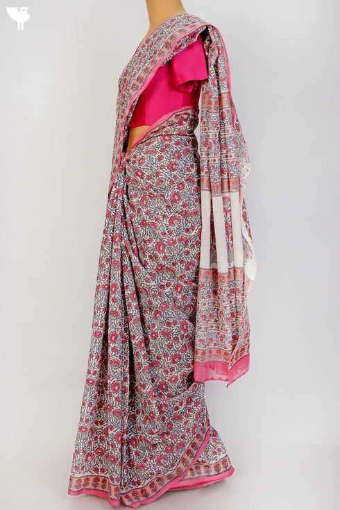 Bengal Cotton Saree In Floral Block Print