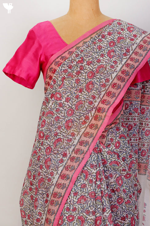 Bengal Cotton Saree In Floral Block Print
