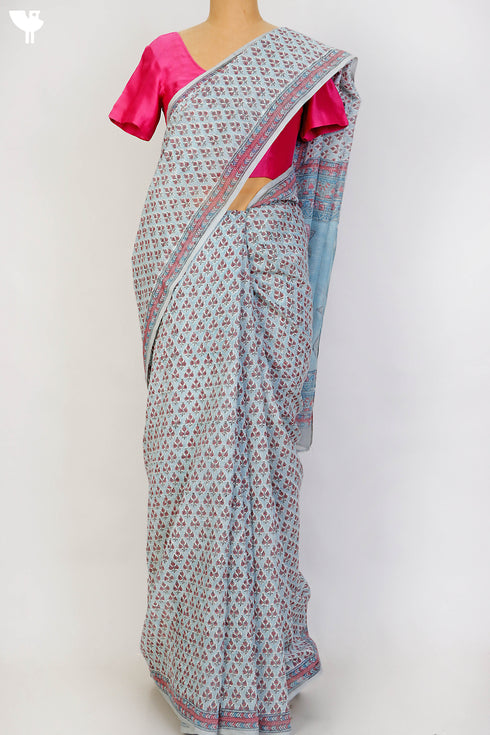 Bengal Cotton Saree In Floral Block Print