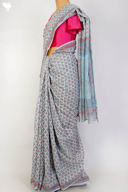 Bengal Cotton Saree In Floral Block Print