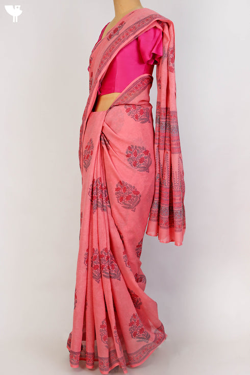 Bengal Cotton Saree In Floral Block Print