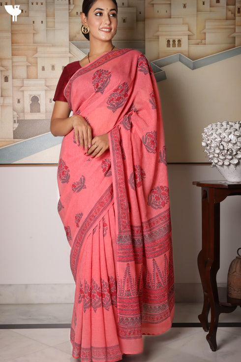 Bengal Cotton Saree In Floral Block Print