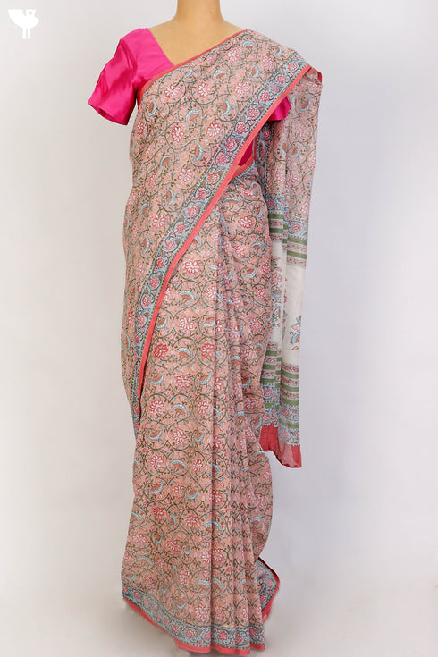 Bengal Cotton Saree In Floral Block Print