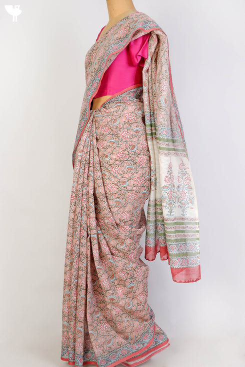 Bengal Cotton Saree In Floral Block Print