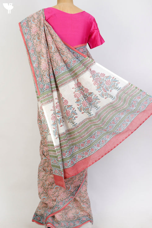 Bengal Cotton Saree In Floral Block Print