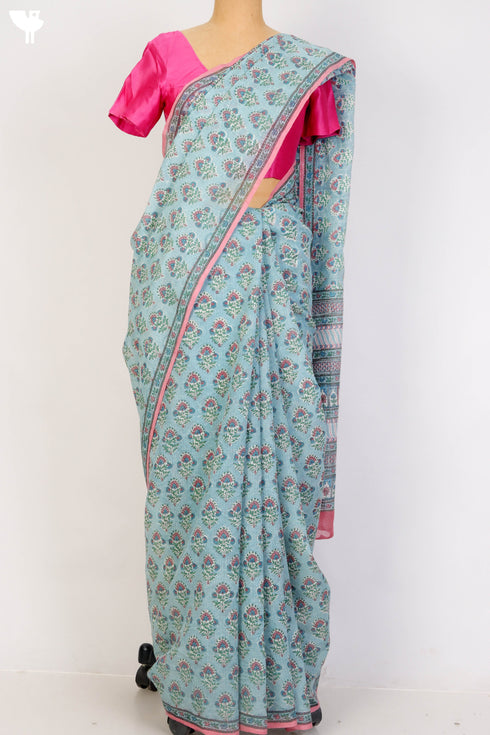 Bengal Cotton Saree In Floral Block Print
