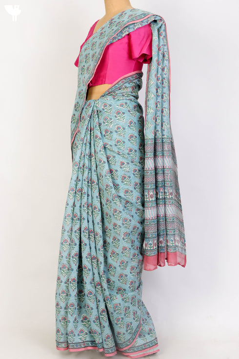 Bengal Cotton Saree In Floral Block Print