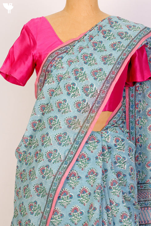 Bengal Cotton Saree In Floral Block Print