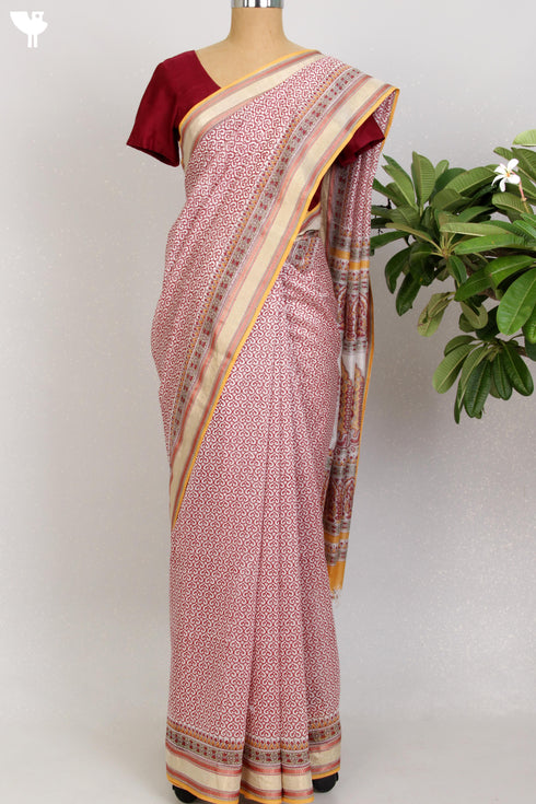 Maheshwari Silk Saree In Graphic Block Print