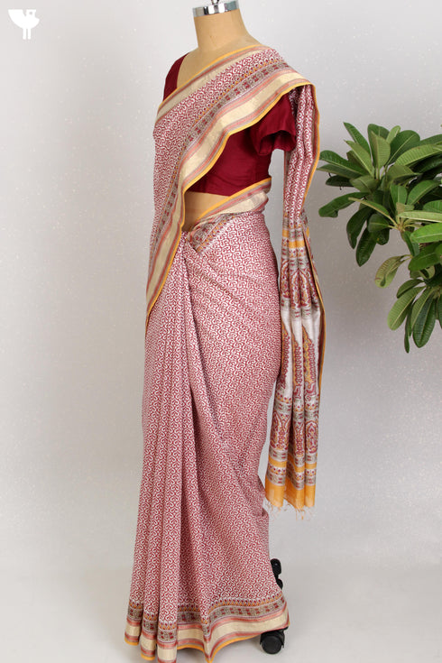 Maheshwari Silk Saree In Graphic Block Print
