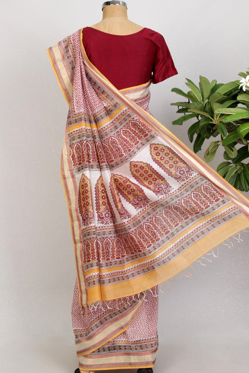 Maheshwari Silk Saree In Graphic Block Print
