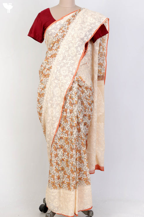 Kota Doria Saree With Chikankari Embroidery In Floral Block Print