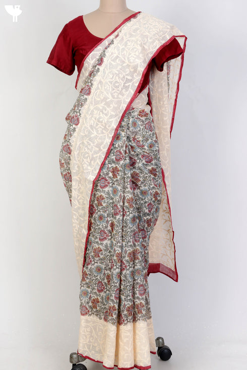 Kota Doria Saree With Chikankari Embroidery In Floral Block Print