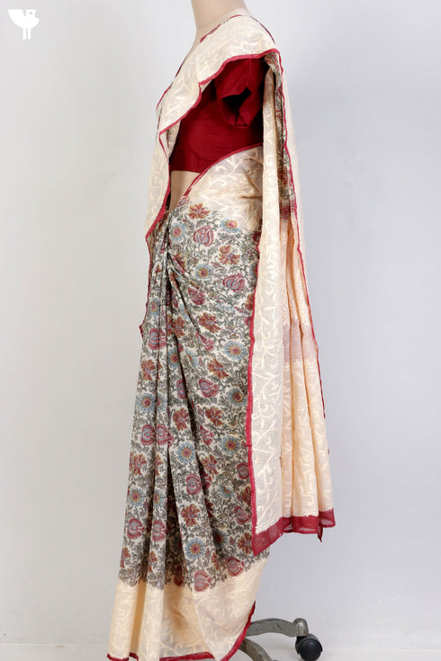 Kota Doria Saree With Chikankari Embroidery In Floral Block Print