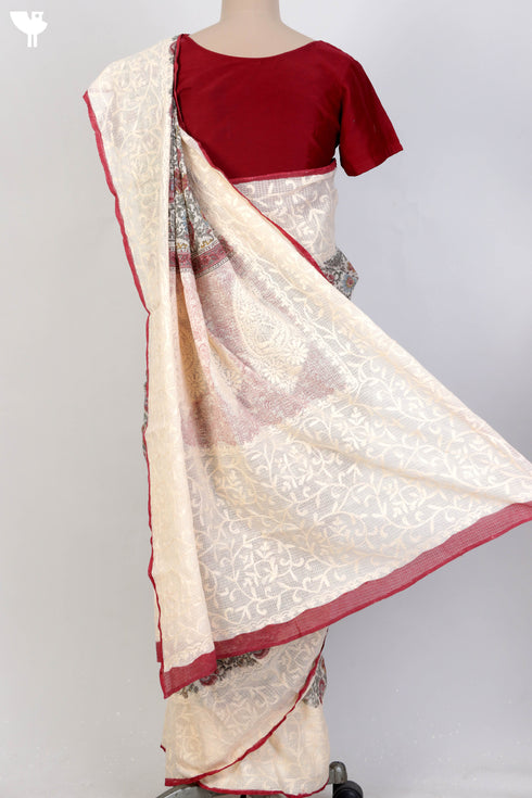Kota Doria Saree With Chikankari Embroidery In Floral Block Print