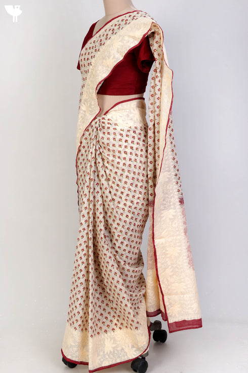Kota Doria Saree With Chikankari Embroidery In Floral Block Print