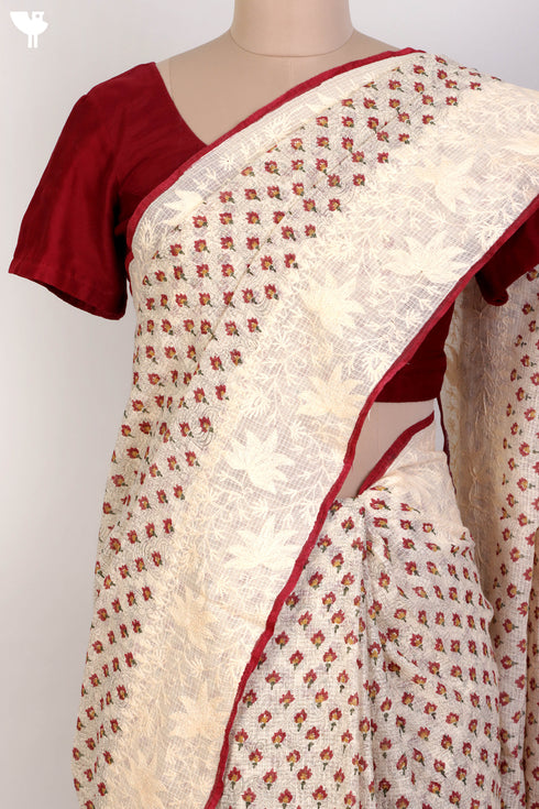 Kota Doria Saree With Chikankari Embroidery In Floral Block Print