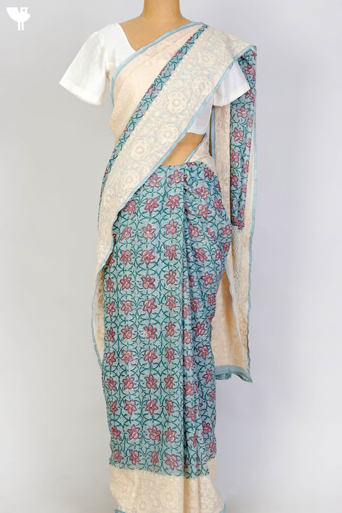 Kota Doria Saree With Chikankari Embroidery In Floral Block Print