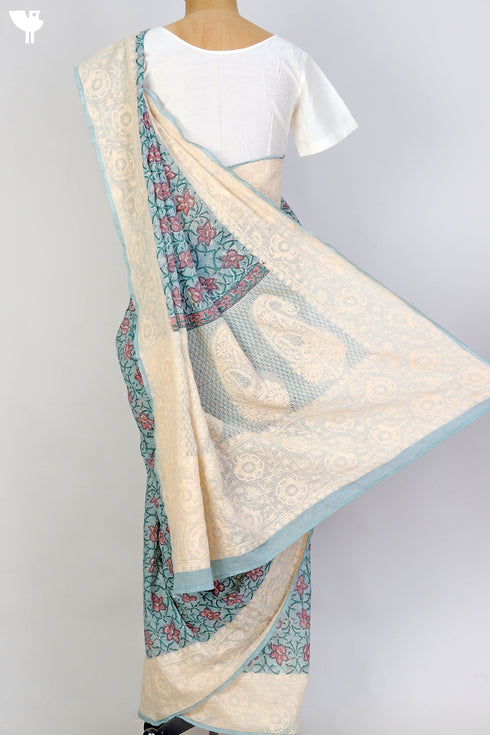 Kota Doria Saree With Chikankari Embroidery In Floral Block Print