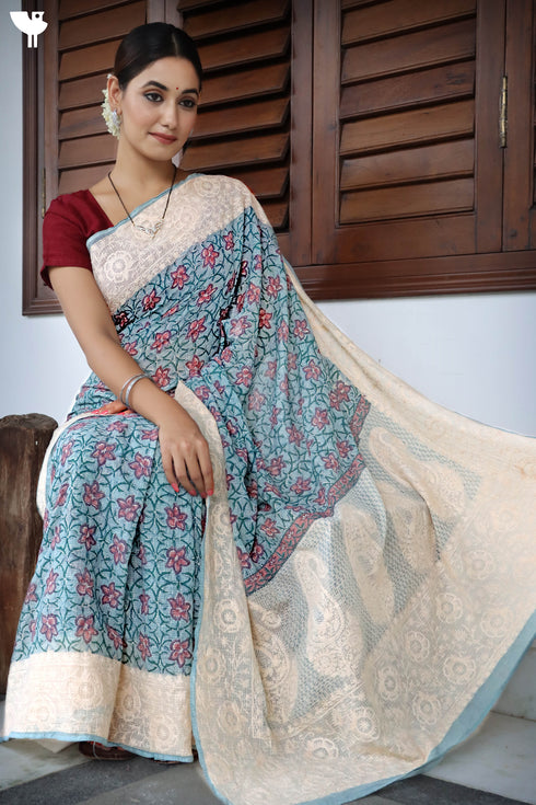 Kota Doria Saree With Chikankari Embroidery In Floral Block Print
