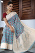 Kota Doria Saree With Chikankari Embroidery In Floral Block Print