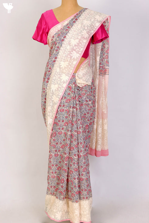 Kota Doria Saree With Chikankari Embroidery In Floral Block Print