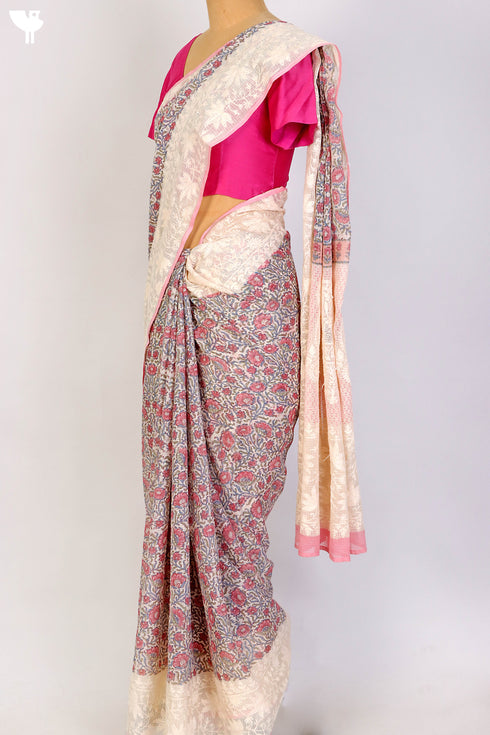 Kota Doria Saree With Chikankari Embroidery In Floral Block Print