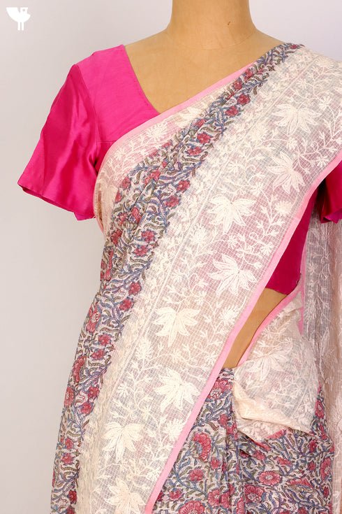 Kota Doria Saree With Chikankari Embroidery In Floral Block Print