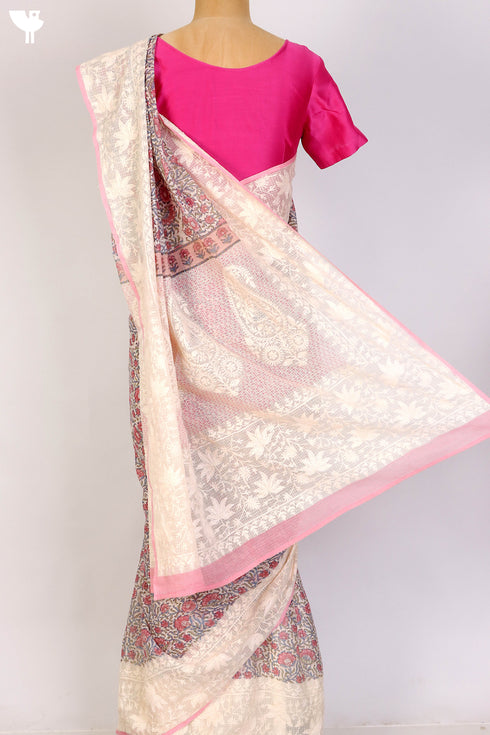 Kota Doria Saree With Chikankari Embroidery In Floral Block Print