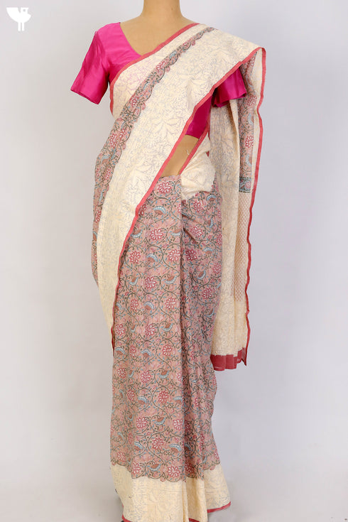 Kota Doria Saree With Chikankari Embroidery In Floral Block Print