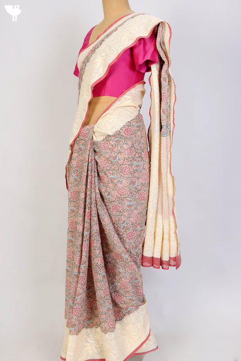 Kota Doria Saree With Chikankari Embroidery In Floral Block Print