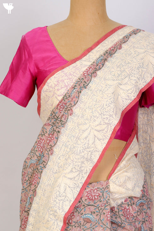 Kota Doria Saree With Chikankari Embroidery In Floral Block Print